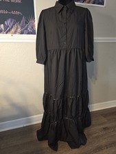 SHEIN Black Maxi Dress 3/4 Sleeve Collared Button Ruffle Woven Size L