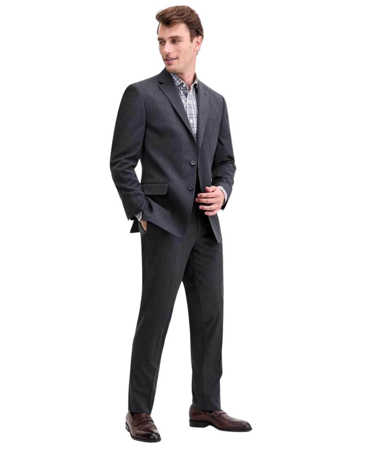 Izod Mens Classic fit 2 Piece Suit 36 R 30 Waist Charcoal Grey Solid Stretch 16690₽