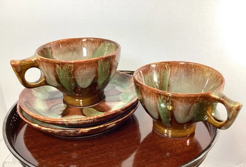 Dryden Pottery Brown Green Drip Glaze Cup and Saucer Set of 2