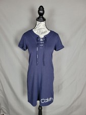 Calvin Klein Womens Short Sleeve Logo Tshirt Dress Small Navy Blue Lace Up Neck