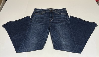 American Eagle Women's Super Hi-Rise Flare Blue Jeans Split Hem Tag 12 Reg 32x30