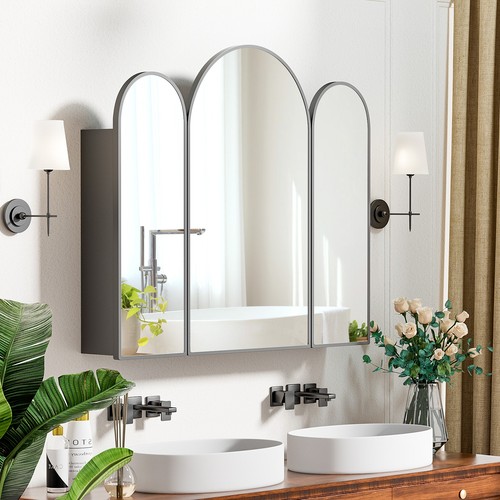 Triple Arch Medicine Cabinet 3 Doors Bathroom Mirror Cabinet with Trifold Mirror - Picture 1 of 10