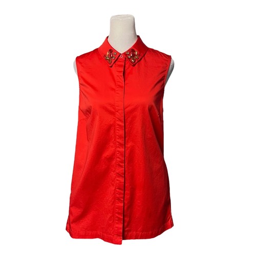 Vision I55 Coral Red Jeweled Collar Sleeveless Swing Top Size 8 - Picture 3 of 7
