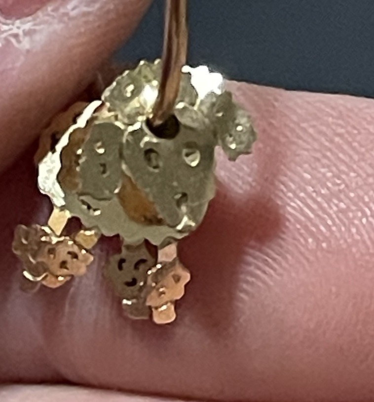 14k Solid Gold Moveable Dangle Poodle Dog Hoops E… - image 9