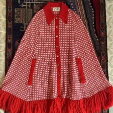 Vintage 1970s Mod Knit Cape Poncho Cardigan Fringe Sweater