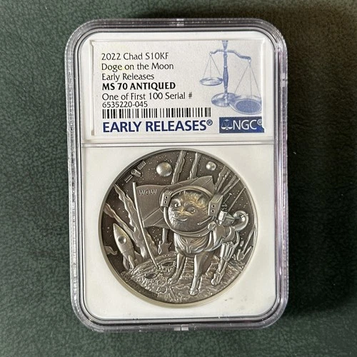 2022 Chad 2 oz Silver Doge Coin MS70 Antiqued NGC Early Releases Rare /100