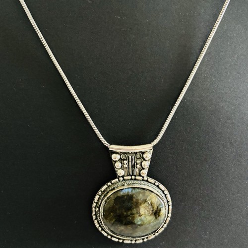 Women's Green Oval Gemstone Silver Statement Bohemian 16” Necklace 3” Extension