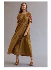 Anthropologie Let Me Be Dress XS Petite Boho Floral Embroidered Tiered Midi