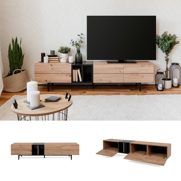 Tv Lowboard Holz Massiv Schwarz Schrank Fernsehtisch Sideboard Eiche Homestyle4U-image