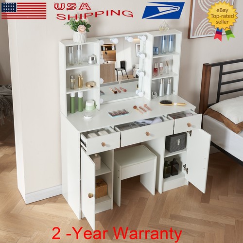 White Dressing Table Set Vanity Makeup Desk with Mirror, Stool and 10 LED Lights