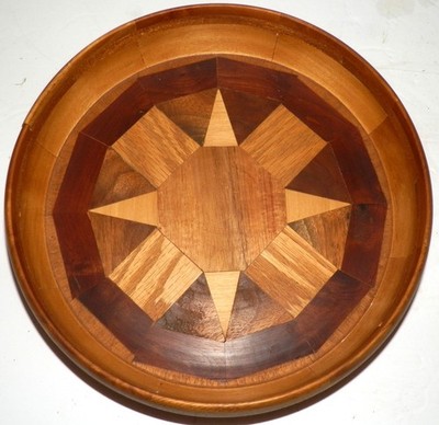 Handmade Wood Bowl Artisan Crafted Starburst Geometric Marquetry Inlaid 9''