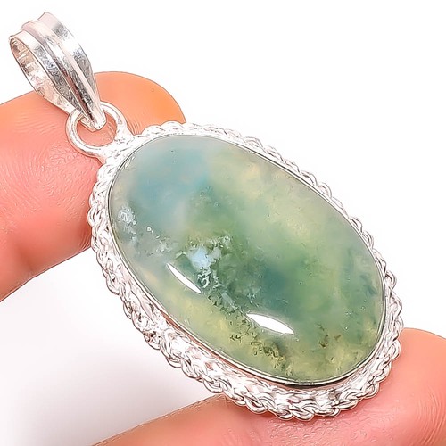 Moss Agate - India Handmade Silver Plated Pendant 2.15" P20