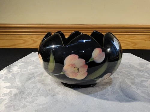 Fenton Large Black Rose Bowl Hand Painted Pastel Pink Floral Aritist Signed
