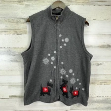 Rebecca Malone Gray Fleece Zip Vest Embroidered Scottie Dogs Snowflakes Size L