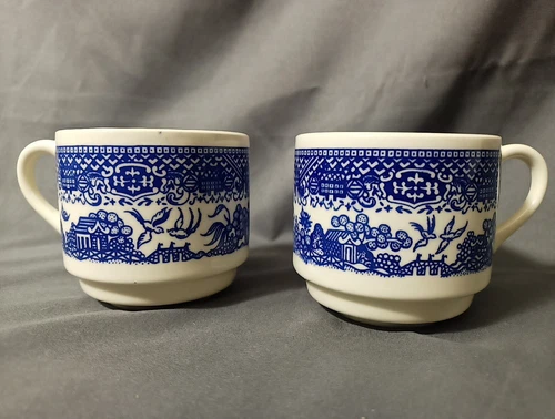 Blue Willow Coffee Tea Cups set of 2 Stackable Vintage made in USA