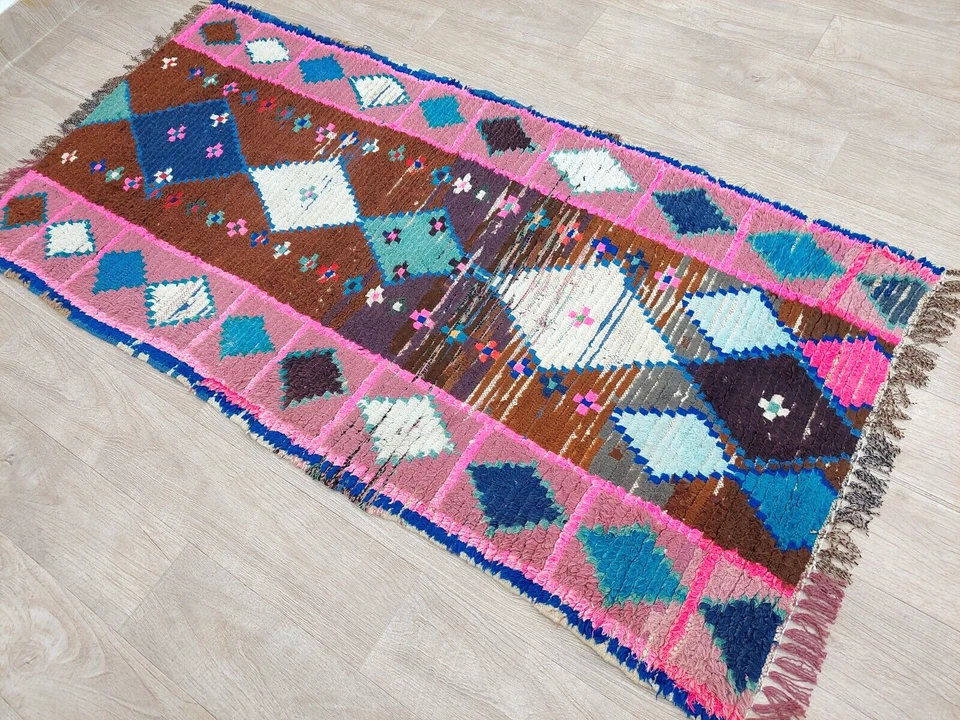 3x6 Vintage Geometric Rug Handmade Moroccan Brown Pink Cotton Berber Runner Rug - Image 2 of 4