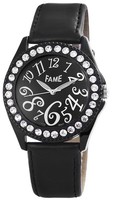 Fame Damenuhr Analog Armbanduhr Lederimitationarmband Schwarz Crystal Besatz Uhr