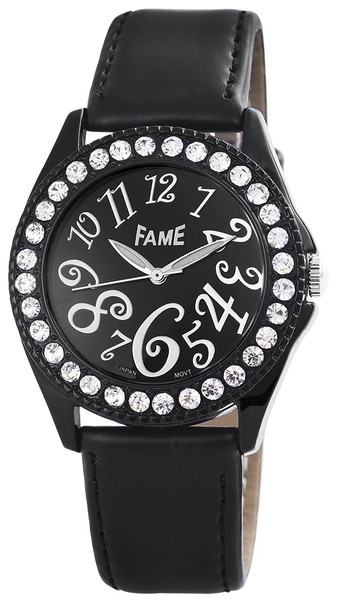 Fame Damenuhr Analog Armbanduhr Lederimitationarmband Schwarz Crystal Besatz Uhr-image