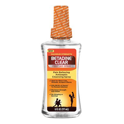 Betadine Clear First Aid Spray 6 Ounce Maximum Strength Pain Relief Antiseptic
