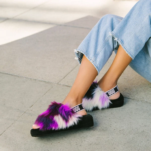 Sandalo UGG Fluff Yea Shearling Slingback cravatta tintura magnolia donna 10 nuovi $110