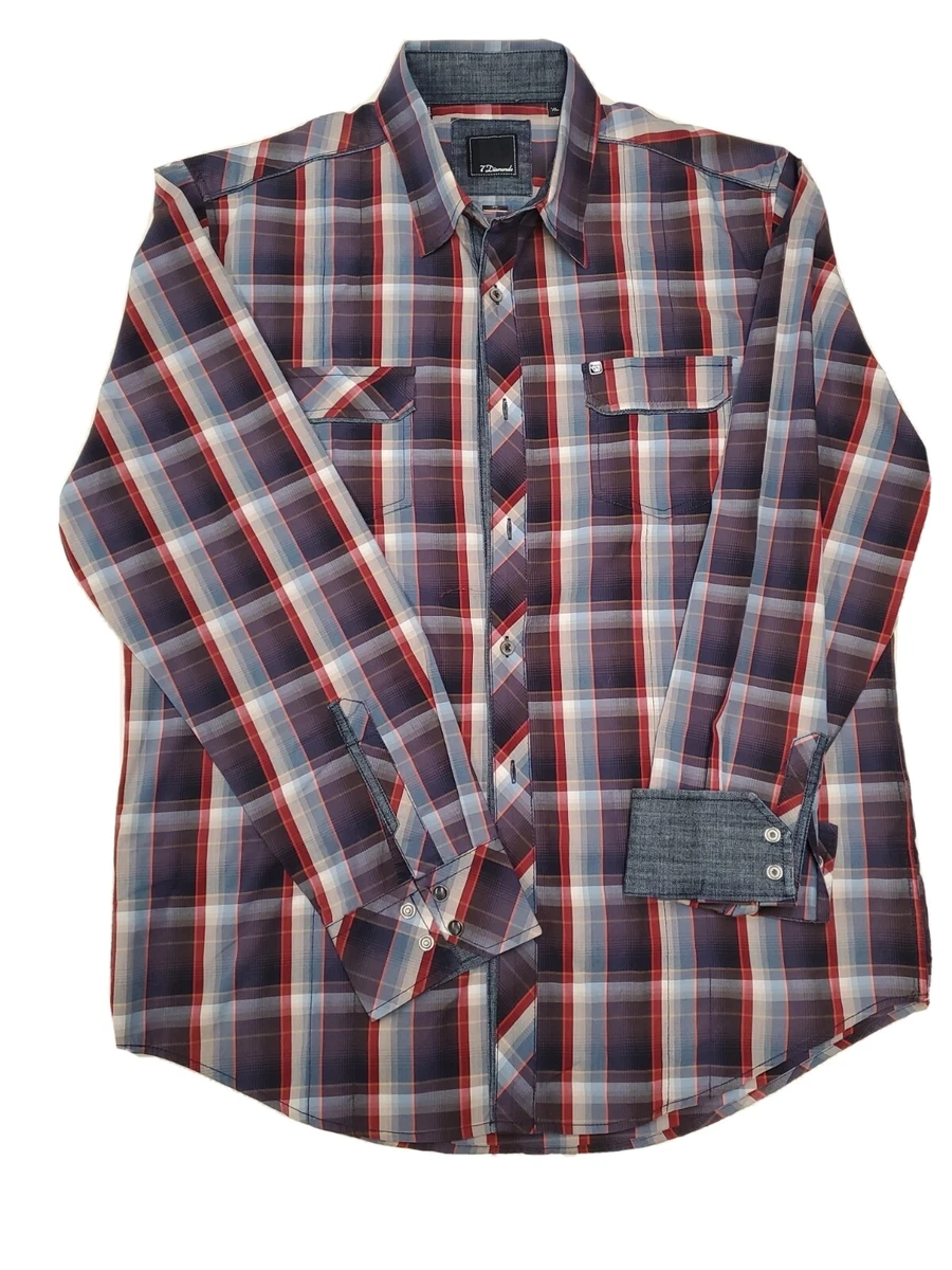 7 Diamonds Mens Western Shirt XL Long Sleeve Red Navy Blue Plaid