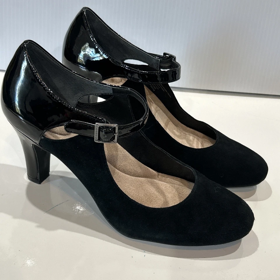 Giani Bernini Black Suede & Patent Leather Ankle Strap Pumps High Heel Shoes 10 - Image 2 of 4