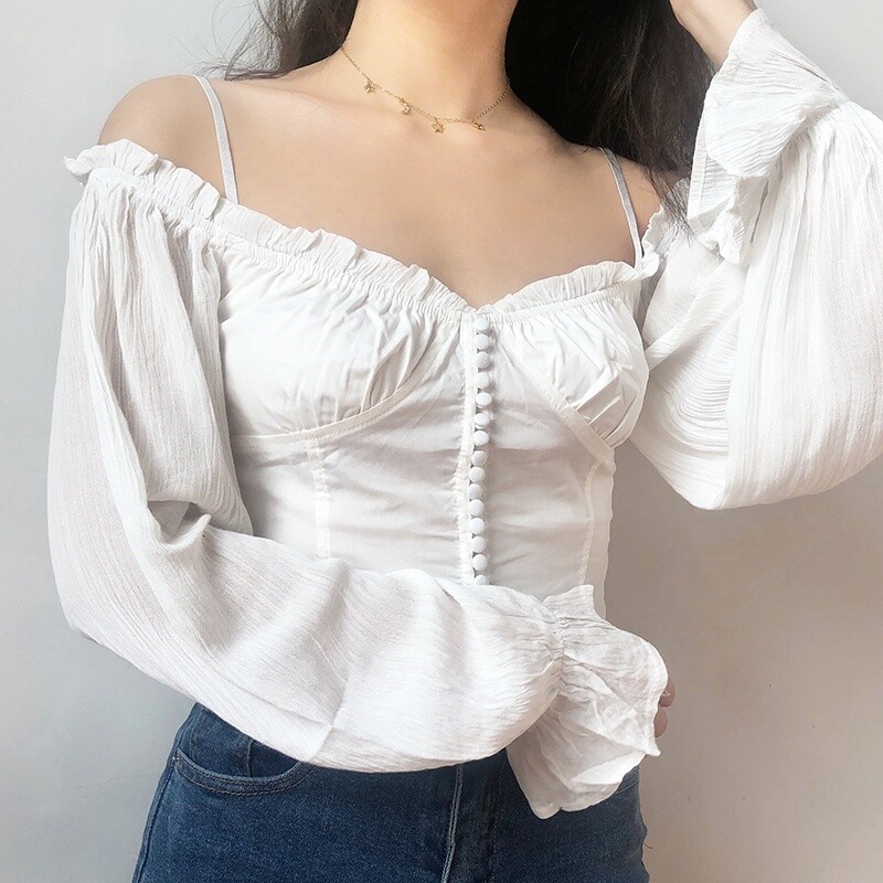 Women Off Shoulder Blouse Top Shirt Puff Sleeve Ruffle Gothic