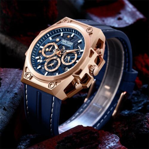 MEGIR Cinturino in Silicone Blu Orologi Impermeabile Cronografo Quarzo Orologio da polso - Foto 2 di 6