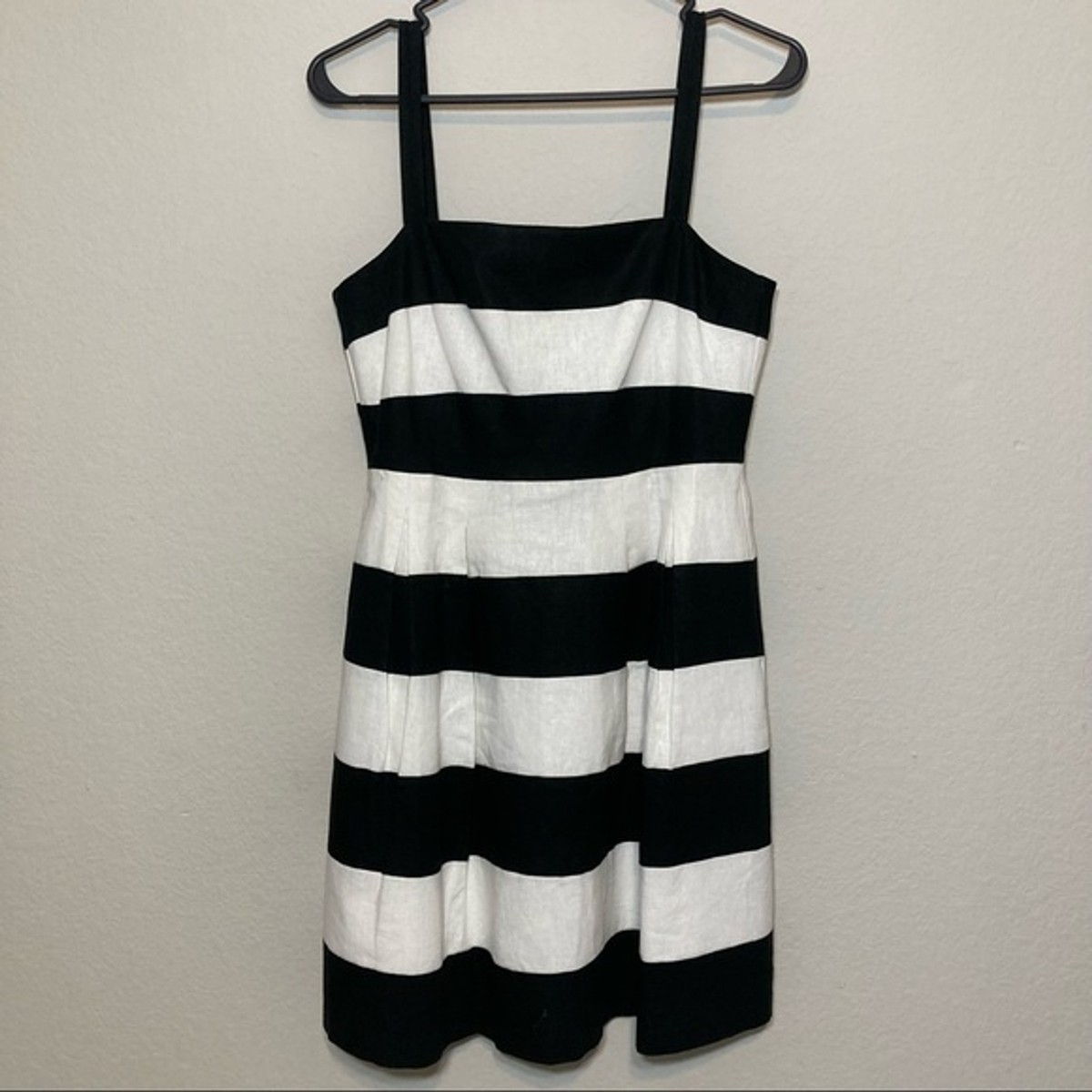 black and white striped linen dress MO&Co. Noir Striped Linen Maxi Tank Dress - Distressed Collar