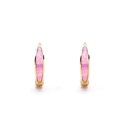 Echte 14K Gelbgold Rosa Opal Ohrringe Reifen Umarmungen