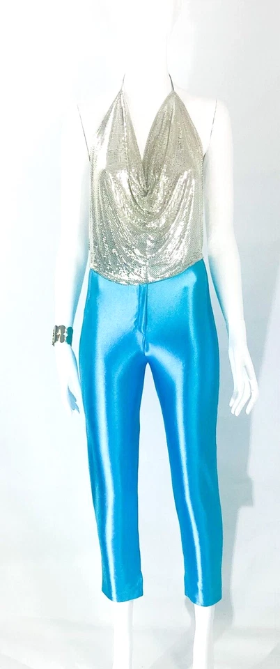 Pantalones de discoteca elásticos de nailon vintage azul aguamarina brillante Merivale Australia talla XS Foto 3 de 4