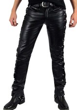 Men's Real Cowhide Leather Bikers Laces Up Pants 5 Pockets Bikers Laces Up Pants