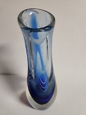 Hand Blown Glass Vase Clear and Cobalt Blue with White Swirl Design Unique 9"