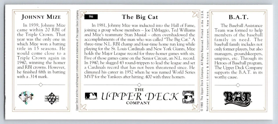 1993 Upper Deck B.A.T. Triple-Folders - Johnny Mize #96 - Image 2 of 2
