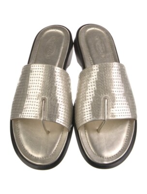 Tod's Size 39 Silver Leather Slides NWB