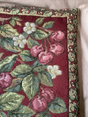 VTG Hand Woven Tapestry Pillow Cover Cherries Flowers Pinks Greens Custom Velvet - Picture 4 of 12