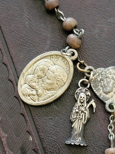 Antique Rosary Memento Mori Santa Muerte Late 1800s, Steel, Wood & Praying card - Picture 8 of 10