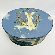 Hand Painted Angels Scene 8.5" Oval Lidded Cardboard Storage Trinket Box Vtg