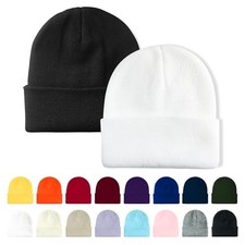 Winter Beanie Acrylic Knit Cuffed Plain One Size Black white 2 Packs Classic