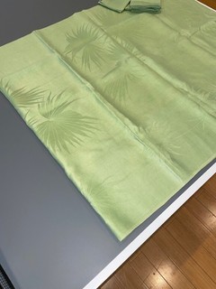 Vintage MCM Sage Green Damask Linen Tablecloth and 8 Napkins Set