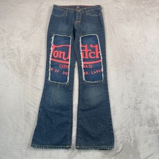 Vintage Von Dutch Low Rise Patchwork Logo Jeans Women 28 Wide Flare Leg USA Made