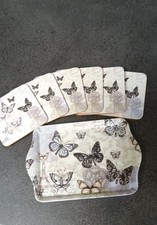 6 x Cork Backed Coasters & Matching Tray Gift Set Butterfies Perfect Condition