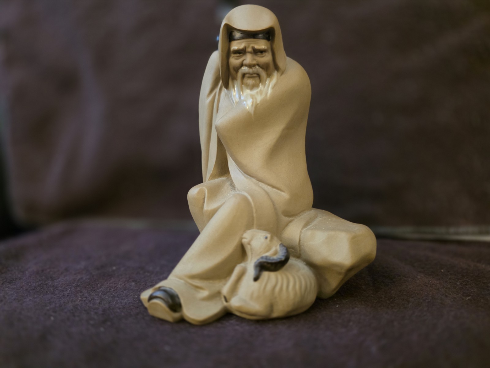 vintage Chinese Porcelain figurine Mudman SU-WU w/Staff & Sheep