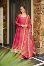 Stylish Look Roman Simmer Silk Gown Palazzo With Dupatta For Wedding Wear