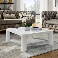 Modern Cream White Square Coffee Table with Rounded Corners and Metal Legs US