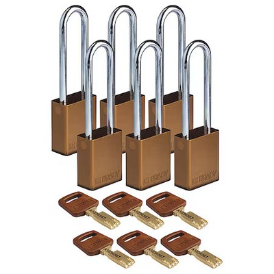 Brady Alu-Brn-76St-Ka6pk Lockout Padlock, Keyed Alike, Aluminum, Brown, 3 In