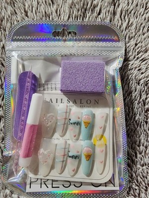 NAILSALON Long Almond Press-On Nails 3D Sweet Heart Ice Cream Glue Included