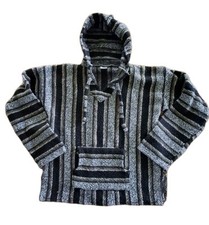 Baja Mexican Surf Hippie Hoodie Drug Rug Size Large Black Woven Authentic EUC