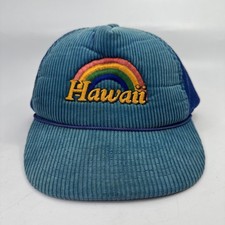 Vtg Hawaii Rainbow Corduroy Hat Trucker Mesh Snapback Cap Hawaiian Headwear 80s