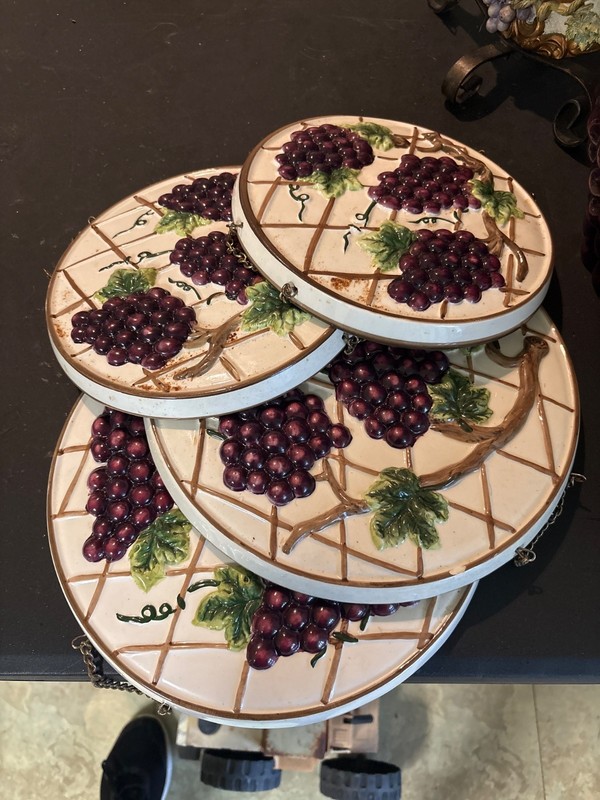 Vintage Ceramic Grape Kitchen Decor Lot - 3D Stove Covers Clock Cookie Jar Set